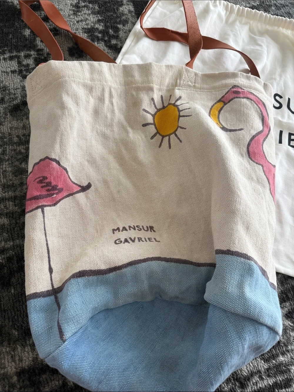 Canvas Flamingo Tote Bag with Brown Leather Straps
